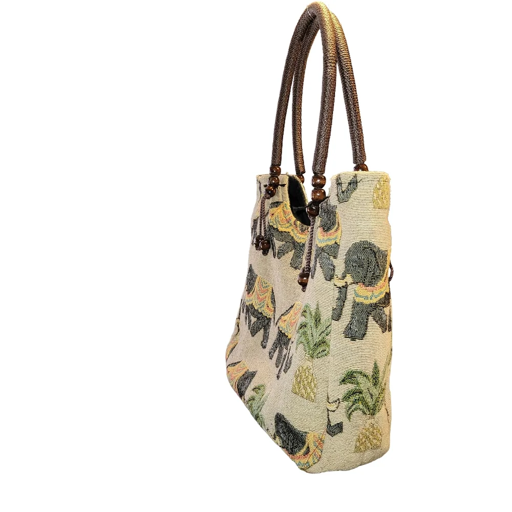 Boho Elephant Tapestry Tote Bag - Woven Shoulder Bag Rope Handles & Bead Tassels